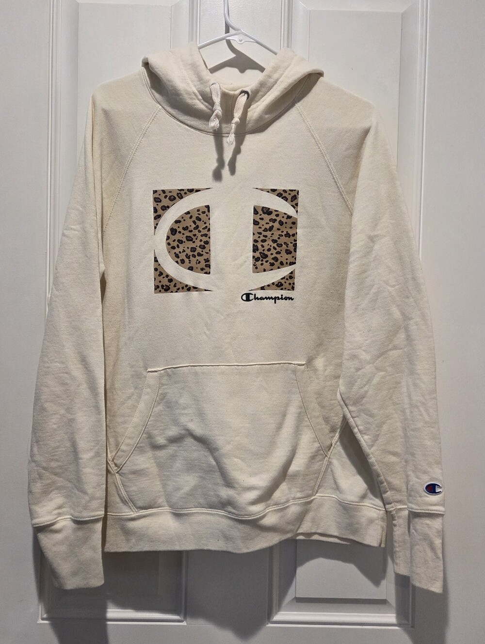Champion Leopard Print Logo Pull Over Hooded Sweatshirt Women's XL